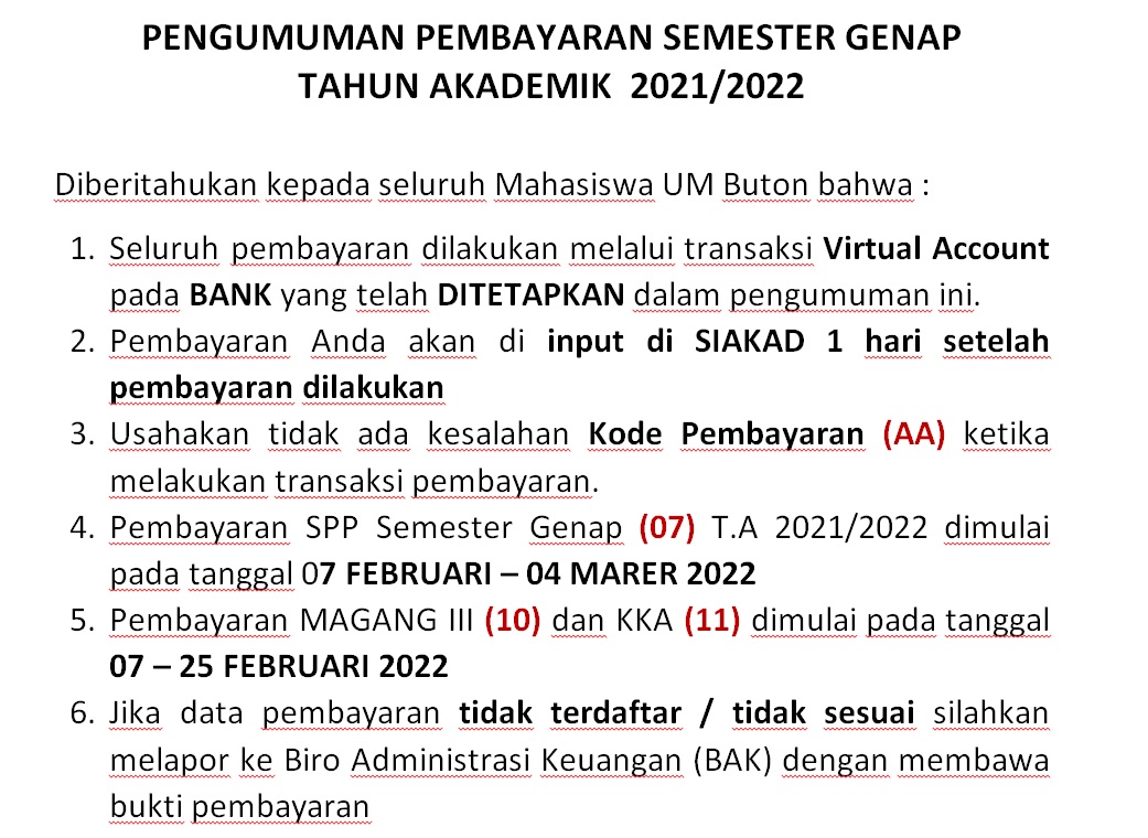 PENGUMUMAN PEMBAYARAN SEMESTER GENAP  TAHUN AKADEMIK  2021/2022